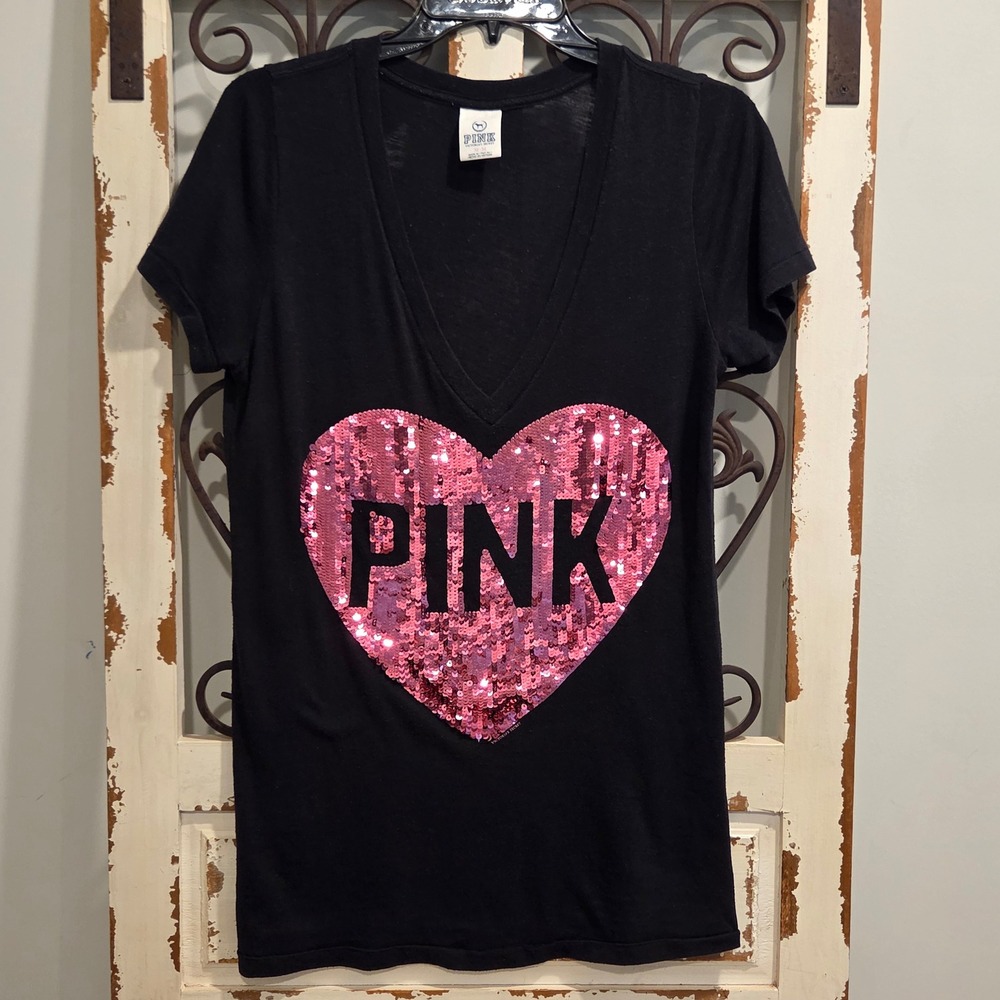 PINK Y2K Victoria's Secret Black Deep V-Neck Sequin Heart Graphic T-Shirt Medium